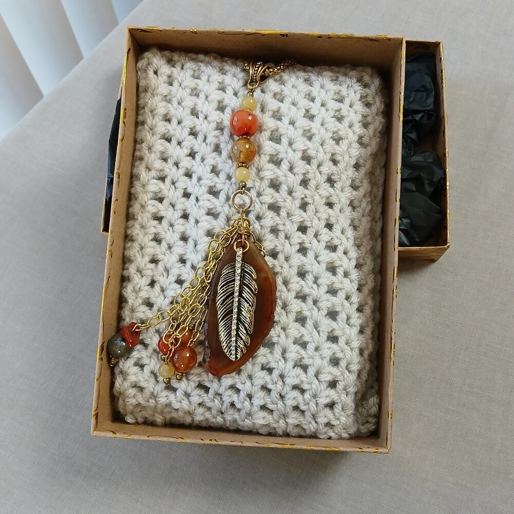 Natural Agate Statement Necklace orange slice gold rhinestone feather
